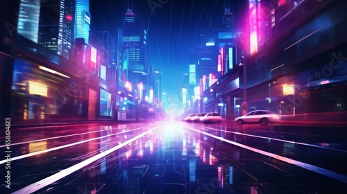 Defocused night city street with a neon lights. AI generated © tiena