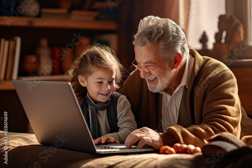 Grandpa and his granddaughter use laptop together. AI generated