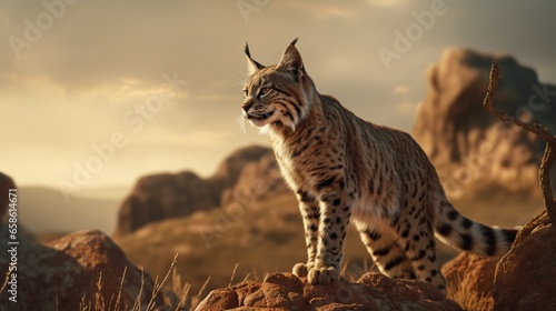 A solitary bobcat surveying its territory from a rocky outcrop © Aqib