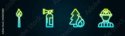 Set line Burning match with fire, Fire extinguisher, forest tree and Firefighter. Glowing neon icon. Vector