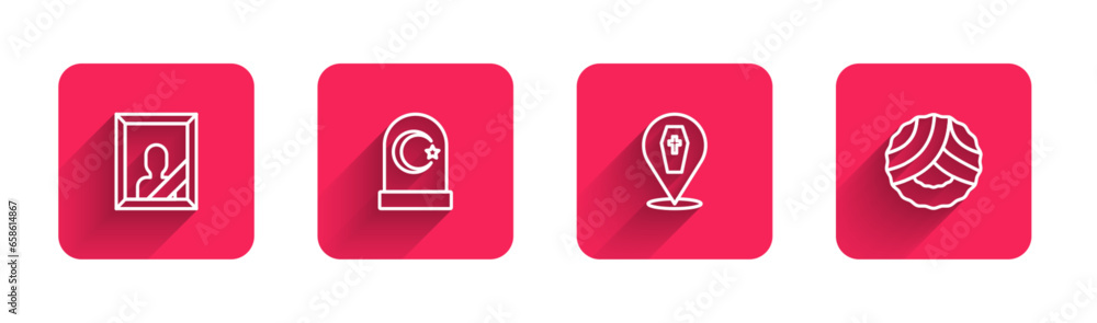 Set line Mourning photo frame, Muslim cemetery, Coffin with cross and Memorial wreath with long shadow. Red square button. Vector Set line Mourning photo frame, Muslim cemetery, Coffin with cross and Memorial wreath with long shadow. Red square button. Vector