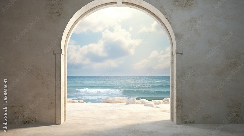 A frame resembling a time-worn window, overlooking a serene beach, mounted on a textured sand wall, creating a tranquil and calming atmosphere.