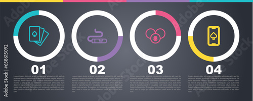 Set line Deck of playing cards, Cigar, Lottery ball on bingo and Online poker table game. Business infographic template. Vector