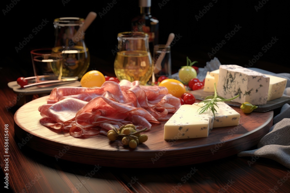A plate filled with a delicious assortment of meat, cheese, and olives, perfect for a charcuterie board or appetizer. This image can be used to showcase a variety of gourmet food options.