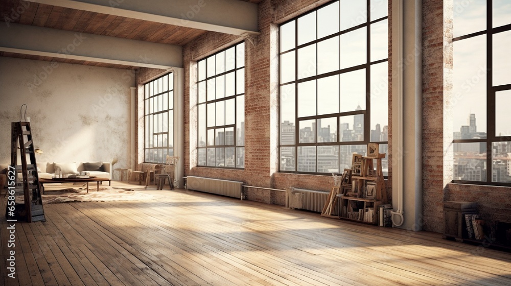 A loft apartment with an empty frame against a floor-to-ceiling window. A loft apartment with an empty frame against a floor-to-ceiling window.