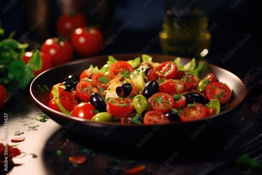 A delicious and nutritious bowl of salad filled with fresh tomatoes, olives, and crisp lettuce leaves. Perfect for a light and refreshing meal. Ideal for use in recipes, health and wellness articles, 