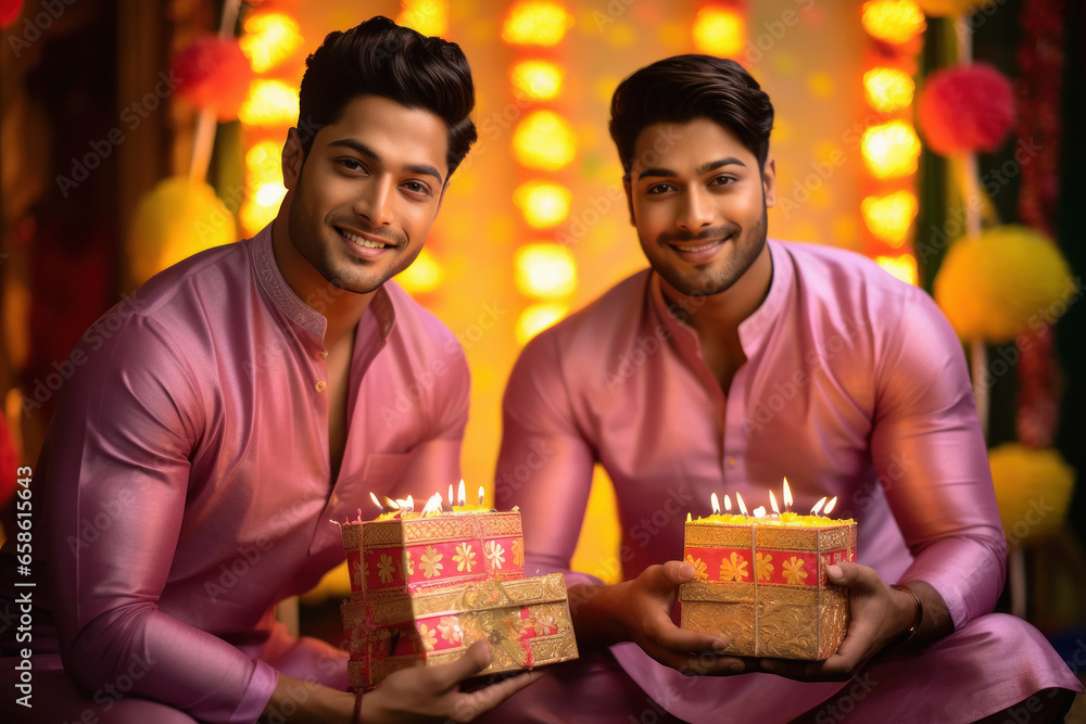 Two young man giving gifts to each other on traditional festival or event Two young man giving gifts to each other on traditional festival or event