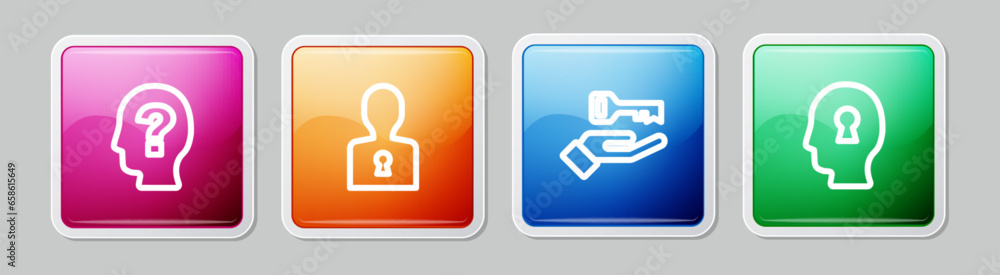 Set line Head with question mark, Solution to the problem, and . Colorful square button. Vector Set line Head with question mark, Solution to the problem, and . Colorful square button. Vector