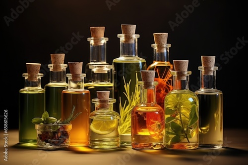 A collection of bottles filled with various types of oils. This versatile image can be used to depict a range of concepts related to cooking, health, beauty, aromatherapy, and more.