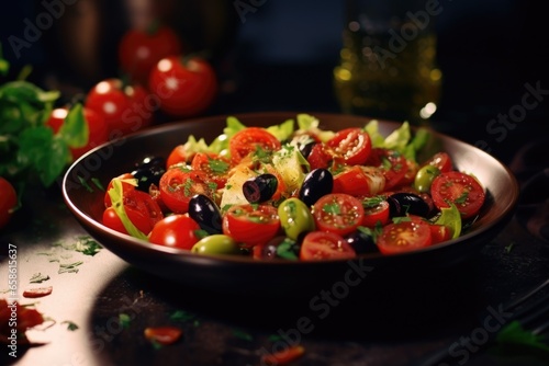 A delicious and nutritious bowl of salad filled with fresh tomatoes  olives  and crisp lettuce leaves. Perfect for a light and refreshing meal. Ideal for use in recipes  health and wellness articles  