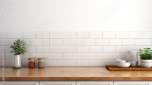 A minimalist kitchen with a blank frame on a white subway tile wall.
