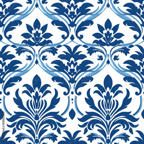 seamless pattern with elements **repeatable shades of blue damask pattern, flat design, lily,