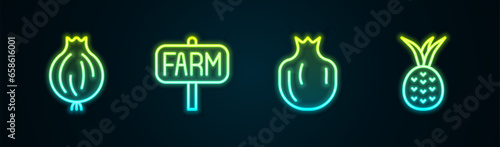 Set line Garlic, Location farm, Pomegranate and Pineapple. Glowing neon icon. Vector