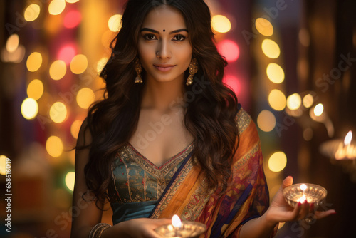 indian woman holding oil lamp in hand, celebrate diwali festival. © Niks Ads