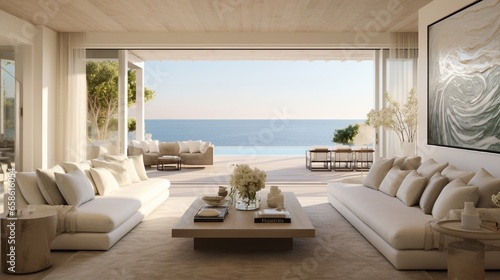 A serene beach house interior with a white wall frame, framing ocean views.