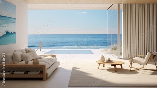 A serene beach house interior with a white wall frame, framing ocean views. © AQ Arts