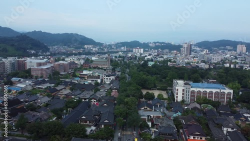 Jeonju Hanok Village from aerial drone view. Korean wooden traditional houses