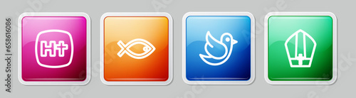 Set line Christian cross, fish symbol, Dove and Pope hat. Colorful square button. Vector