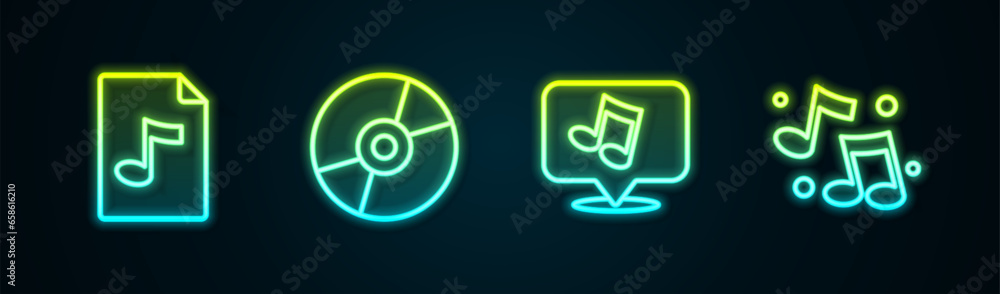 Set line MP3 file document, Vinyl disk, Music note, tone and . Glowing neon icon. Vector Set line MP3 file document, Vinyl disk, Music note, tone and . Glowing neon icon. Vector
