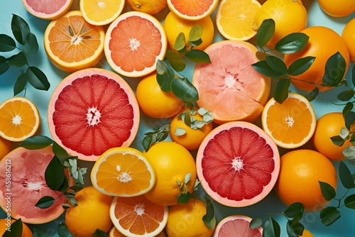 Fresh citrus fruits on vibrant backdrop. Generative AI