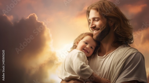 Jesus god smiling with baby in the sky  photo