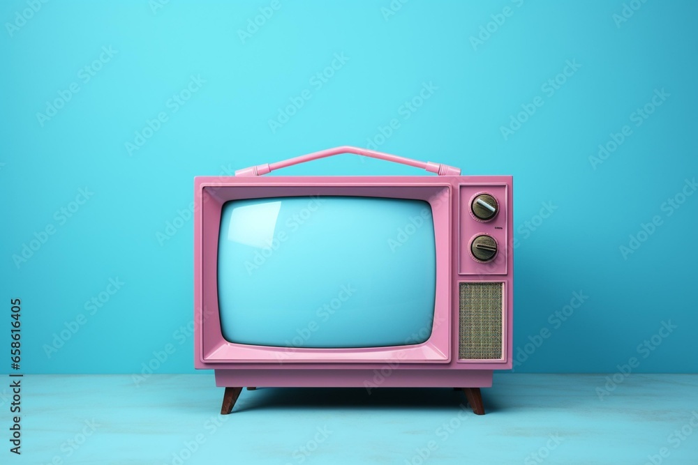 A pink television on blue background. Generative AI