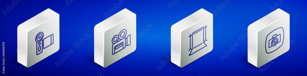 Set Isometric line Cinema camera, Retro cinema, Empty photo studio and Photo icon. Vector Set Isometric line Cinema camera, Retro cinema, Empty photo studio and Photo icon. Vector