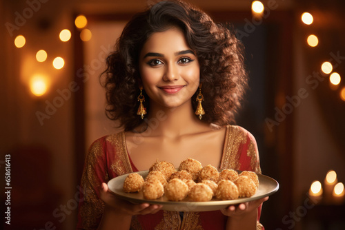 Young indian woman holding sweets or laddoo plate in hand photo
