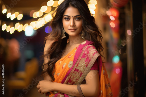 Young indian woman in traditional saree, celebrating diwali festival.