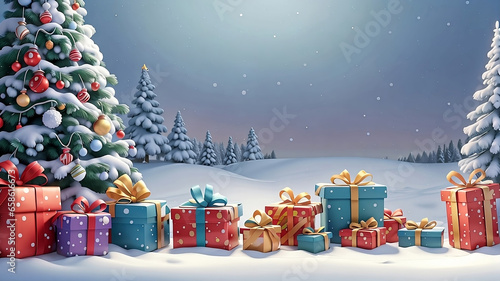 Colorful gift boxes stand in snow on blue background with Christmas trees and snow