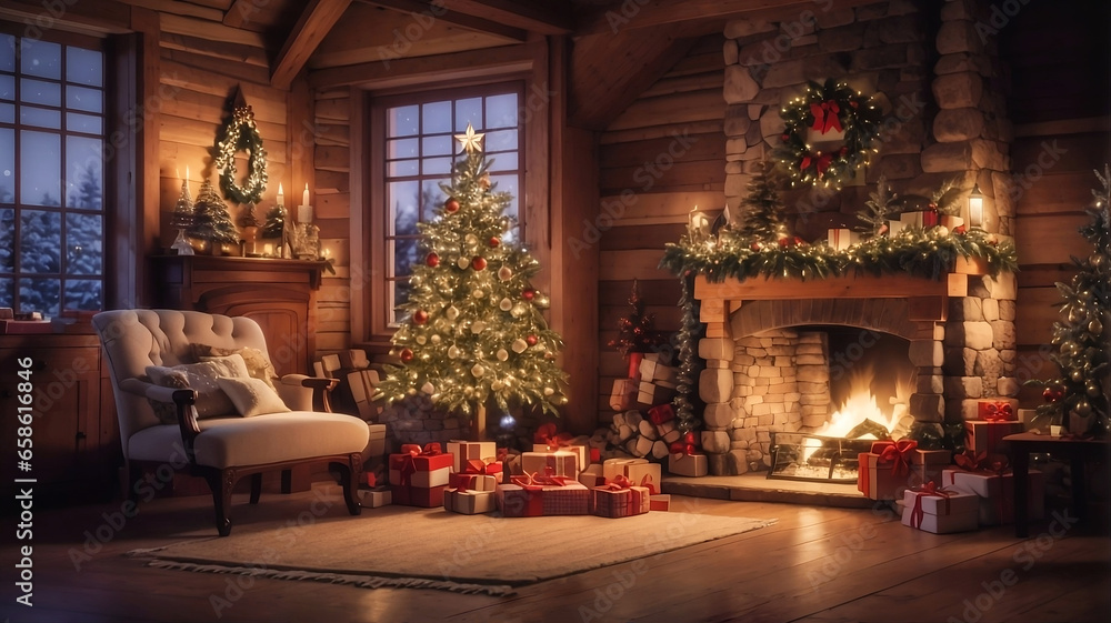 Cozy Christmas interior of a wooden house. Fireplace and armchair with plaid, decorated fir tree. Quiet evening