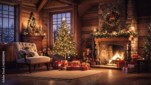 Wallpaper Mural Cozy Christmas interior of a wooden house. Fireplace and armchair with plaid, decorated fir tree. Quiet evening Torontodigital.ca