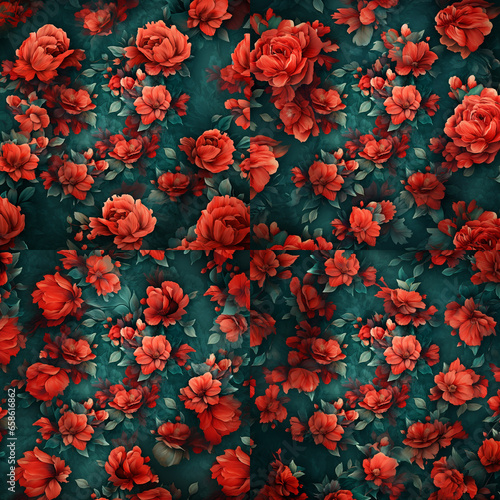 red and yellow flowers **tilable highres texture, floral pattern print, different sizes of flowers, shades of dark teal and red colors, partially blurred and washed, cute and abstract designs, seamles