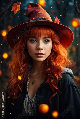 Beautiful and young red-haired witch in a dusky forest among the lights