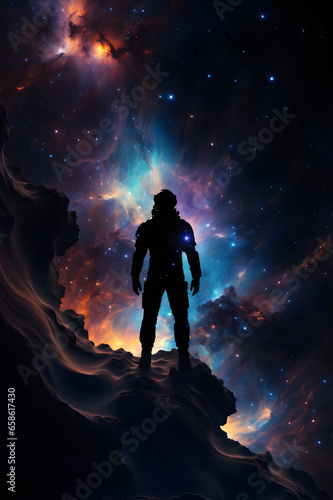 Astronaut in the middle of the universe contemplating the immensity and beauty of the cosmos, galaxies, stars and nebulae