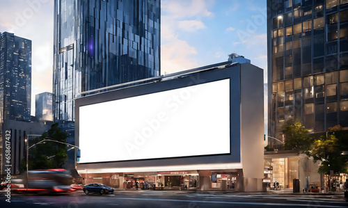 mockup, Blank Billboard on City Street at Night. Outdoor advertising. Plain white billboard on office buildings background, skyscrapers. a lot people, cars, pedestrian at the street. Generative ai.