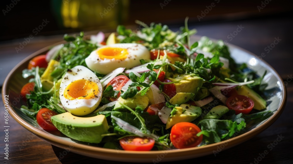 A large salad consisting of mixed greens with avocado or roe is placed on a separate plate. Garnish with salad dressing. A large salad consisting of mixed greens with avocado or roe is placed on a separate plate. Garnish with salad dressing.