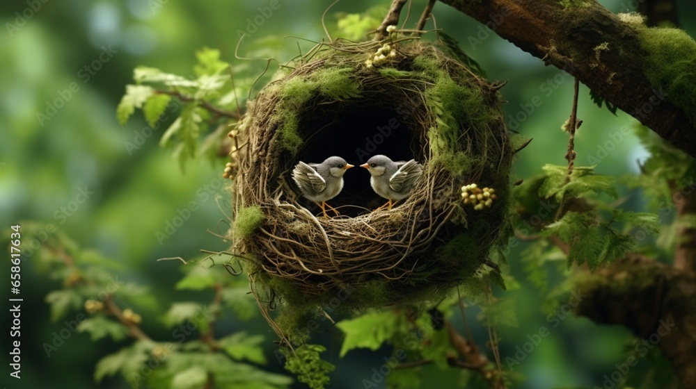 Tiny avian architects constructing nests within the lush branches of a towering tree Tiny avian architects constructing nests within the lush branches of a towering tree