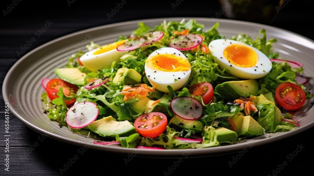 A large salad consisting of mixed greens with avocado or roe is placed on a separate plate. Garnish with salad dressing.