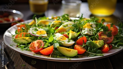 A large salad consisting of mixed greens with avocado or roe is placed on a separate plate. Garnish with salad dressing.