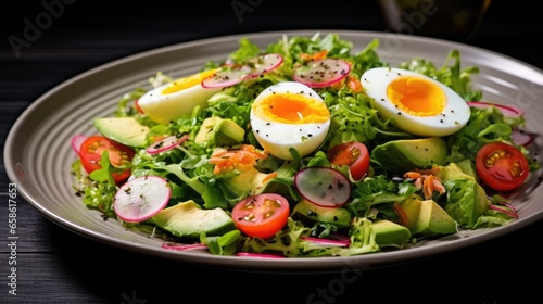 A large salad consisting of mixed greens with avocado or roe is placed on a separate plate. Garnish with salad dressing.