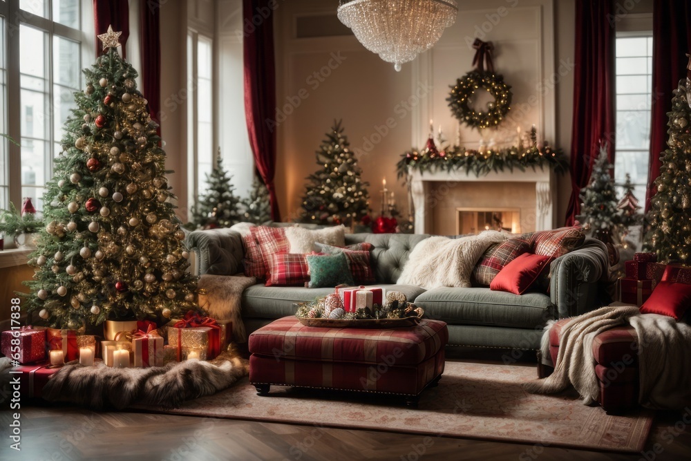 Beautiful New Year's interior of the house. Christmas trees, gift boxes on the floor near large windows. Holiday, comfort, home concepts Beautiful New Year's interior of the house. Christmas trees, gift boxes on the floor near large windows. Holiday, comfort, home concepts