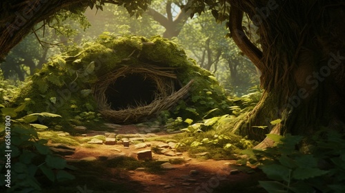 Tranquil woods scene with a discreet bird nest hidden in a tree hole
