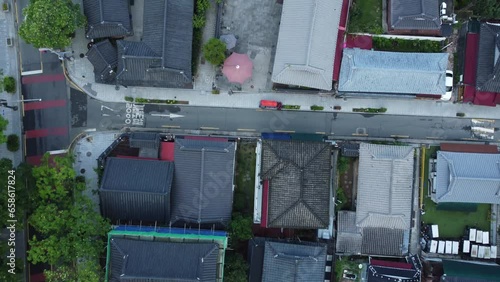 Jeonju Hanok Village from aerial drone view. Korean wooden traditional houses