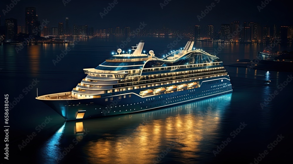 cruise ship at night in the seaside - obrazy, fototapety, plakaty 