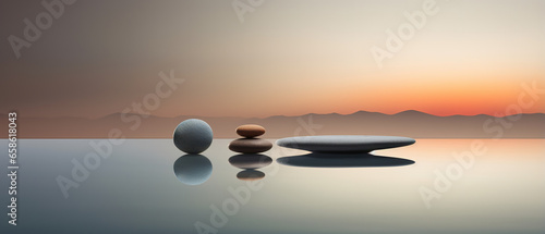 Panoramic scene of zen aesthetics, empty space, well-being, relaxation, harmony and visual balance