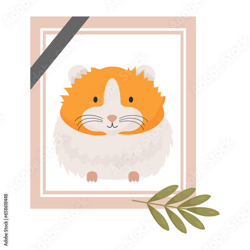 Mourning Photograph of dead hamster. frame portrait with lovely pet rodent of ghost. Vector illustration in cartoon flat style