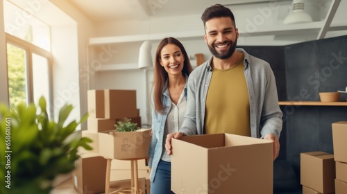 New house, moving and happy couple carrying boxes while feeling proud and excited about buying a house with a mortgage loan. © KimlyPNG