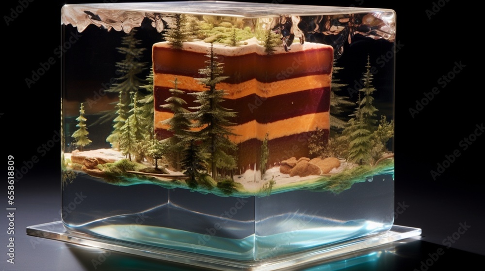 a birthday cake that appears to be made of transparent, glass-like layers. a birthday cake that appears to be made of transparent, glass-like layers.