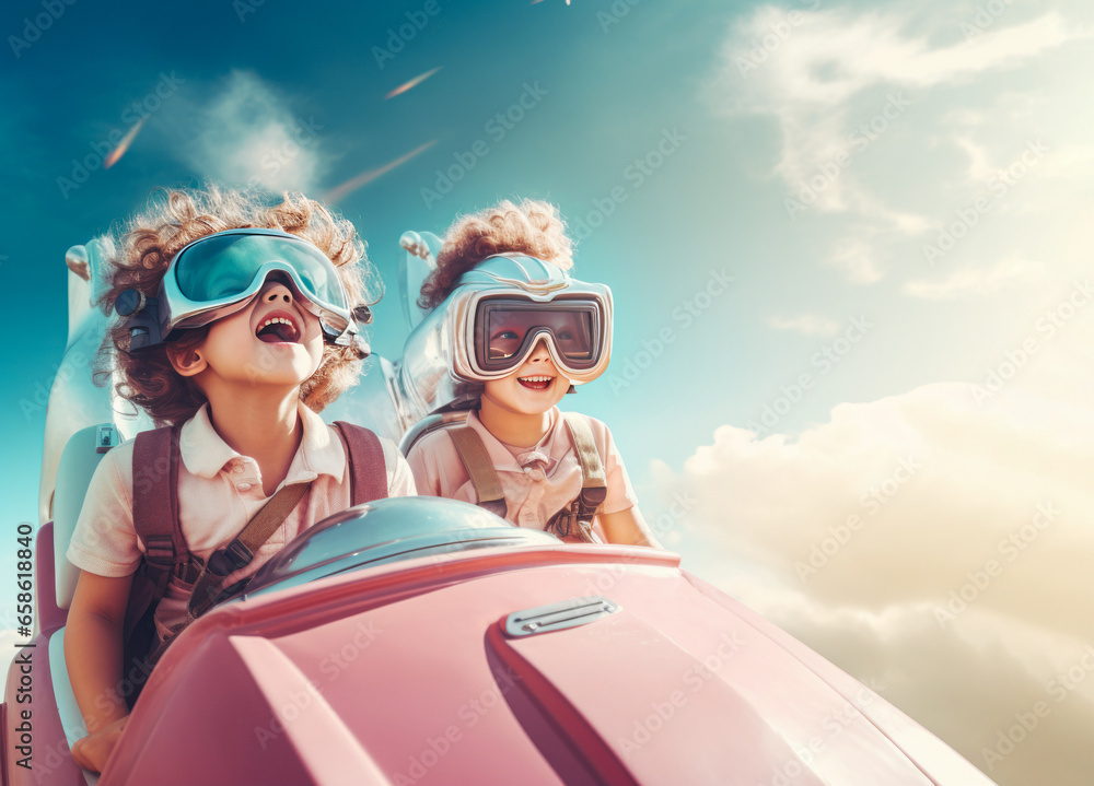 Two cute kids enjoy driving cyber car in the air. Fun happy scene of childhood with a futuristic electric automobile.